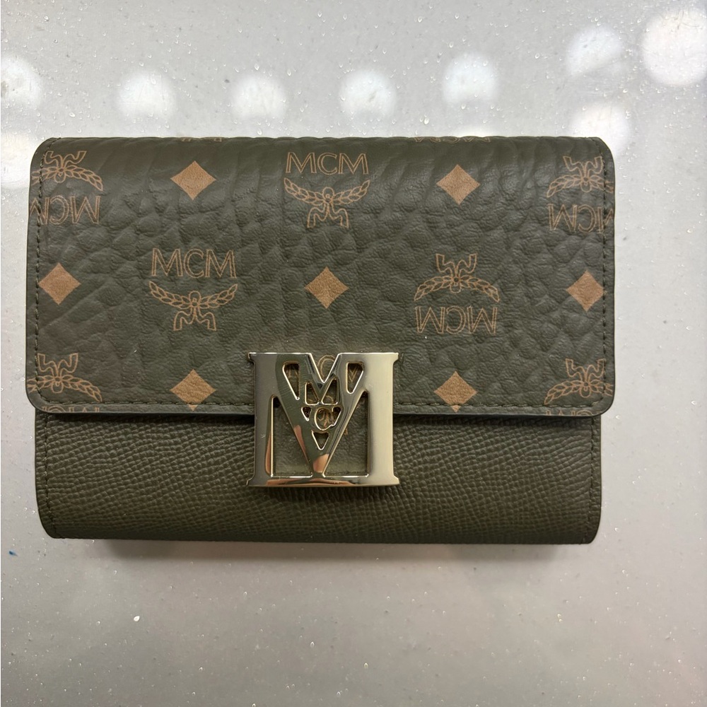 MCM Olive Monogram Leather Wallet with Gold-Tone Logo Plate